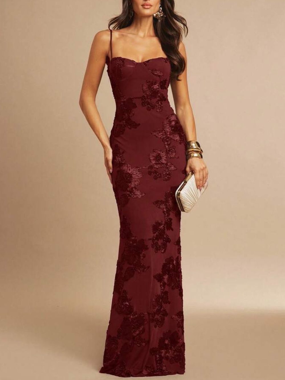 Luxe Burgundy Spaghetti Straps Fitted Party Formal Evening Gown Deess